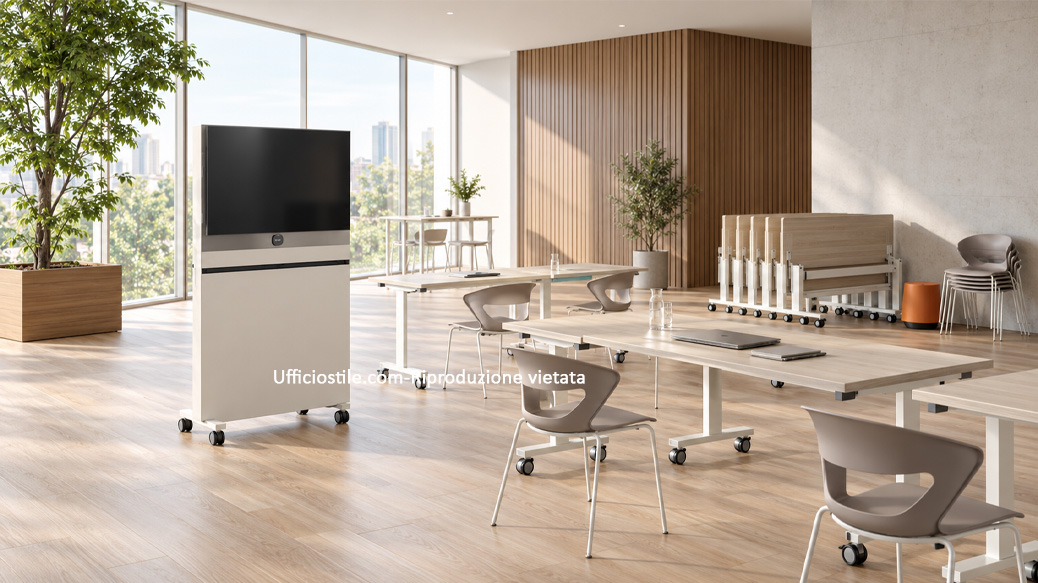 Carrello porta monitor mobile con gestione cavi integrata per sala multifunzione