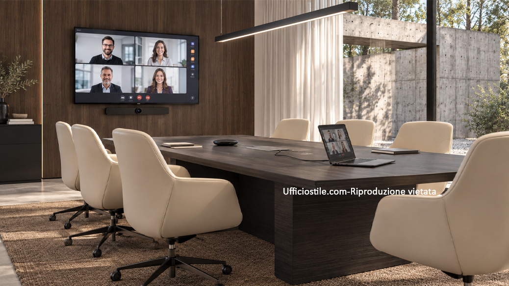 Sala riunioni con sistema audio-video plug and play e connessioni integrate