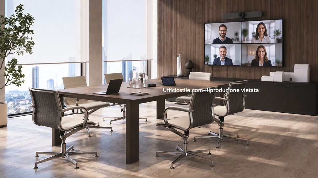 Sala videoconferenza con telecamera auto-framing, microfoni beamforming e display
