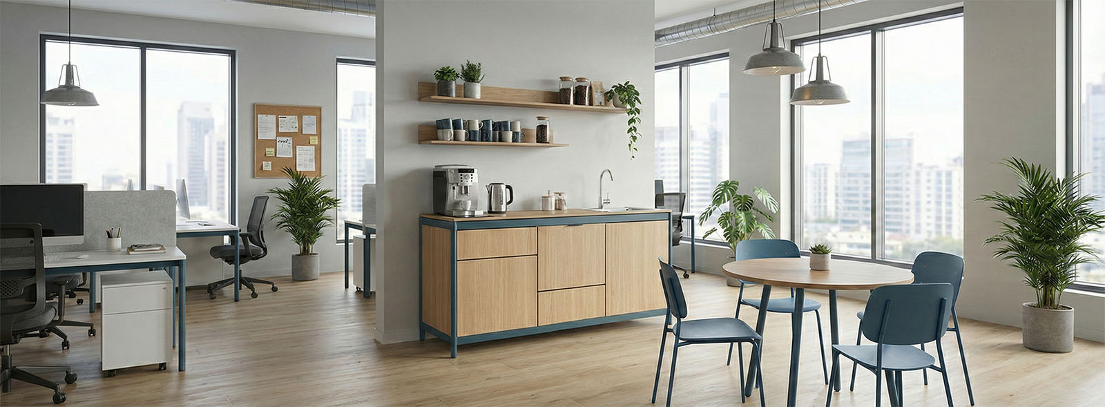 Blocco kitchenette con pensili coordinati in spazio ufficio