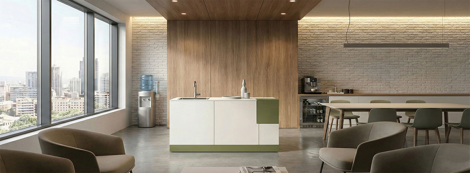 Kitchenette con top in HPL e finiture neutre per open space