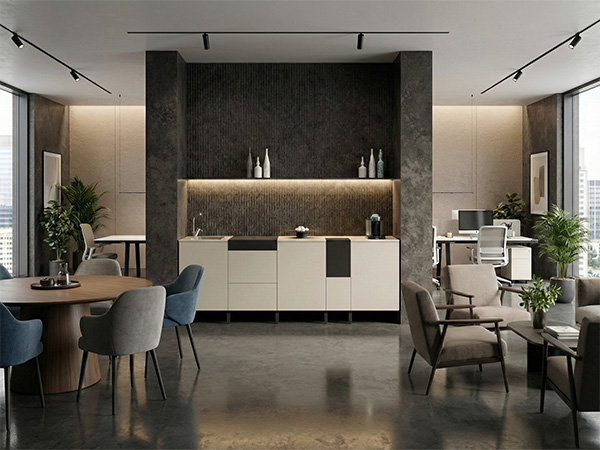 Configurazioni tipiche di kitchenette per area break con pensili e piano snack