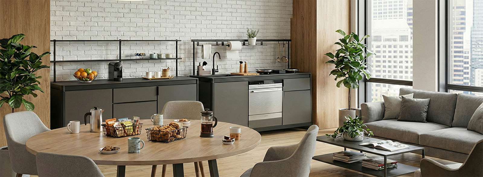 Kitchenette con top in HPL e finiture neutre per open space