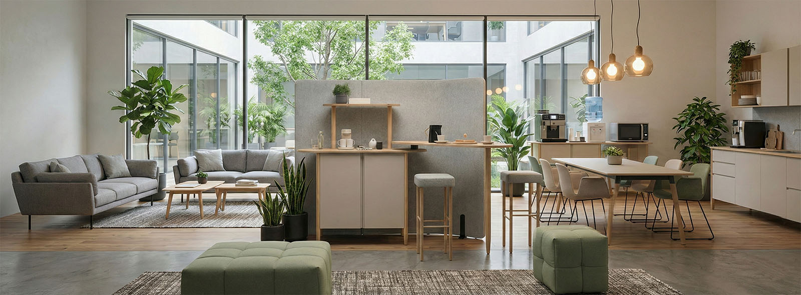 Kitchenette con top in HPL e finiture neutre per open space