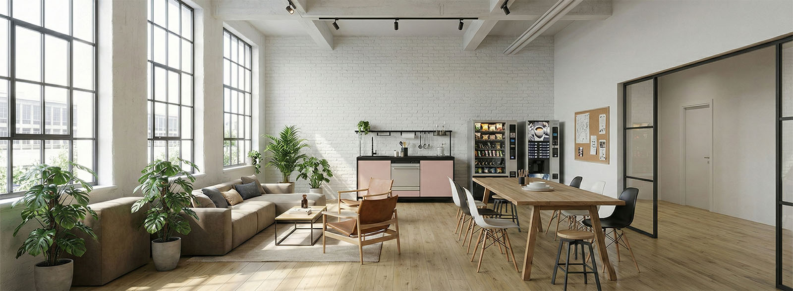 Kitchenette con top in HPL e finiture neutre per open space