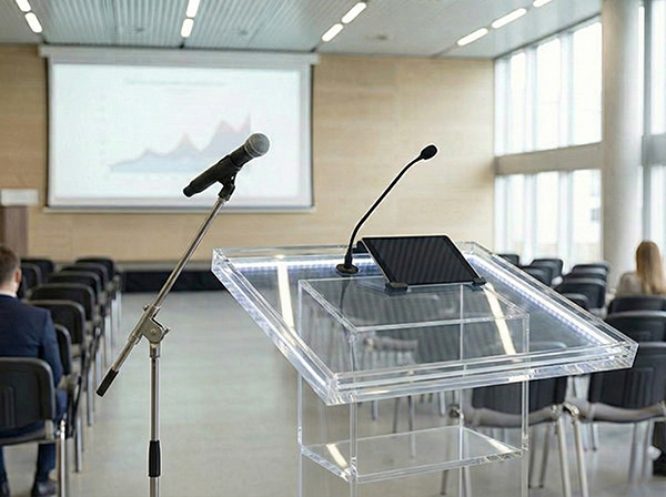 Dettaglio tecnico di podio AV e lavagna interattiva su supporto mobile