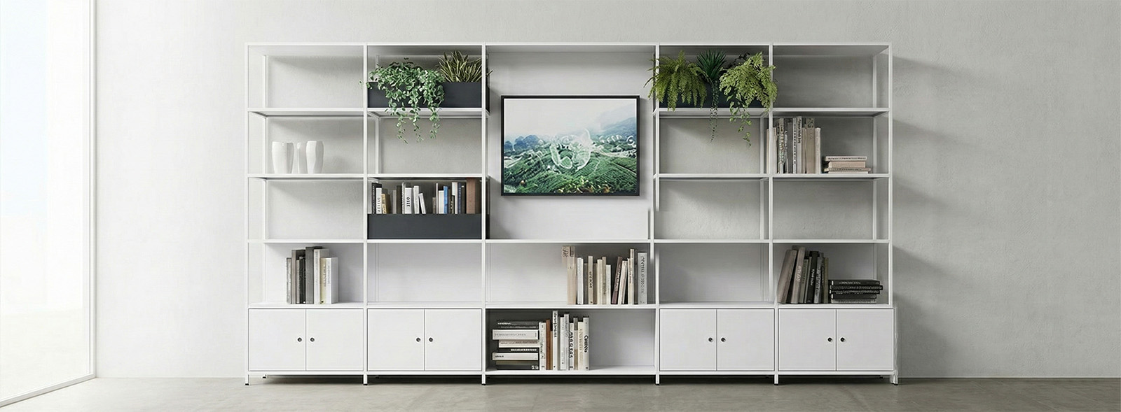 Libreria modulare combinata con vani aperti e chiusi