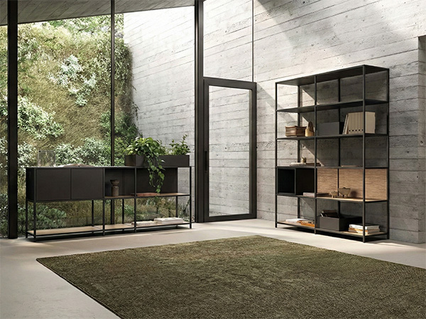 Dettaglio di librerie modulari con finiture e colori personalizzati