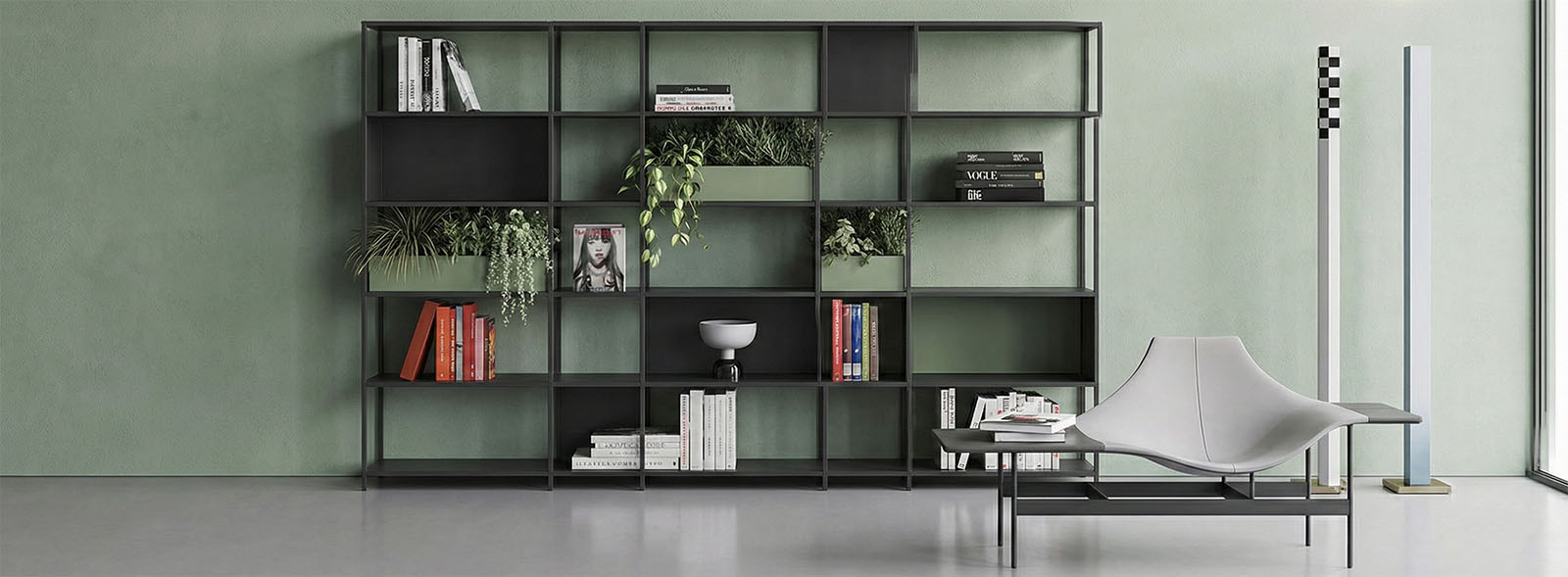 Libreria modulare bifacciale usata come divisorio in open space