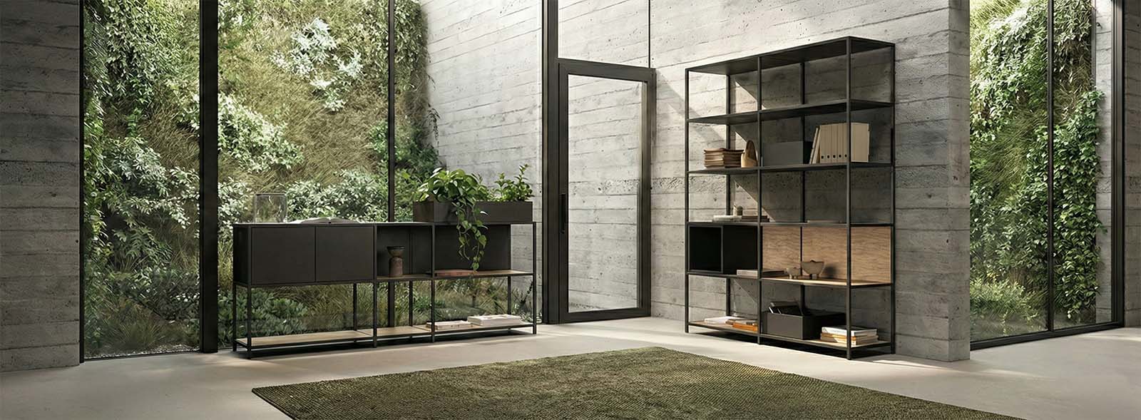 Libreria modulare bifacciale usata come divisorio in open space