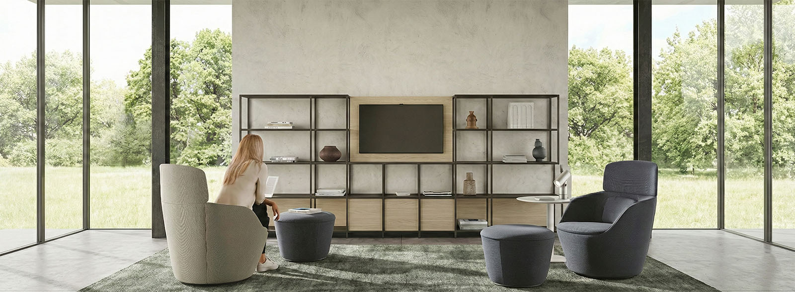 Libreria modulare bifacciale usata come divisorio in open space