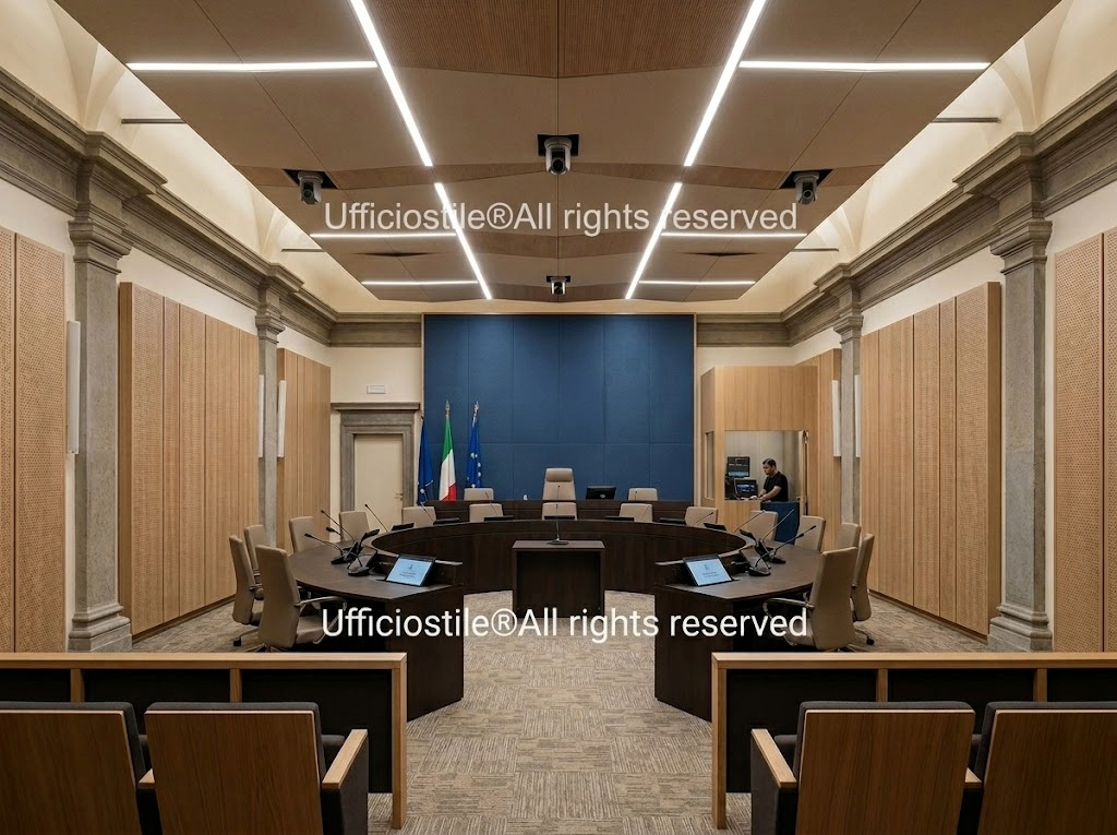Pannelli acustici e illuminazione professionale in sala consiliare