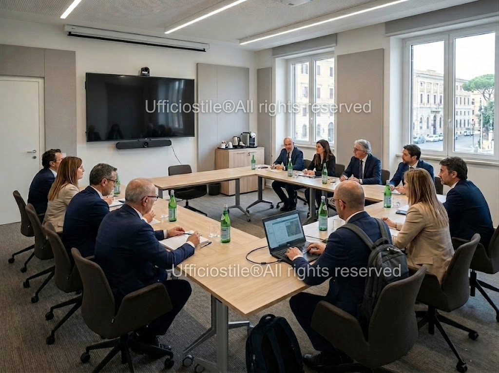 Configurazioni tipiche di sale riunioni istituzionali con tavoli modulari e sedute direzionali
