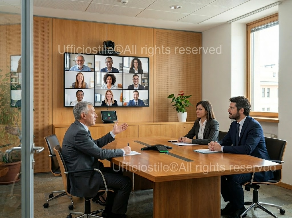 Sala riunioni istituzionale con sistemi di videoconferenza integrati nel tavolo