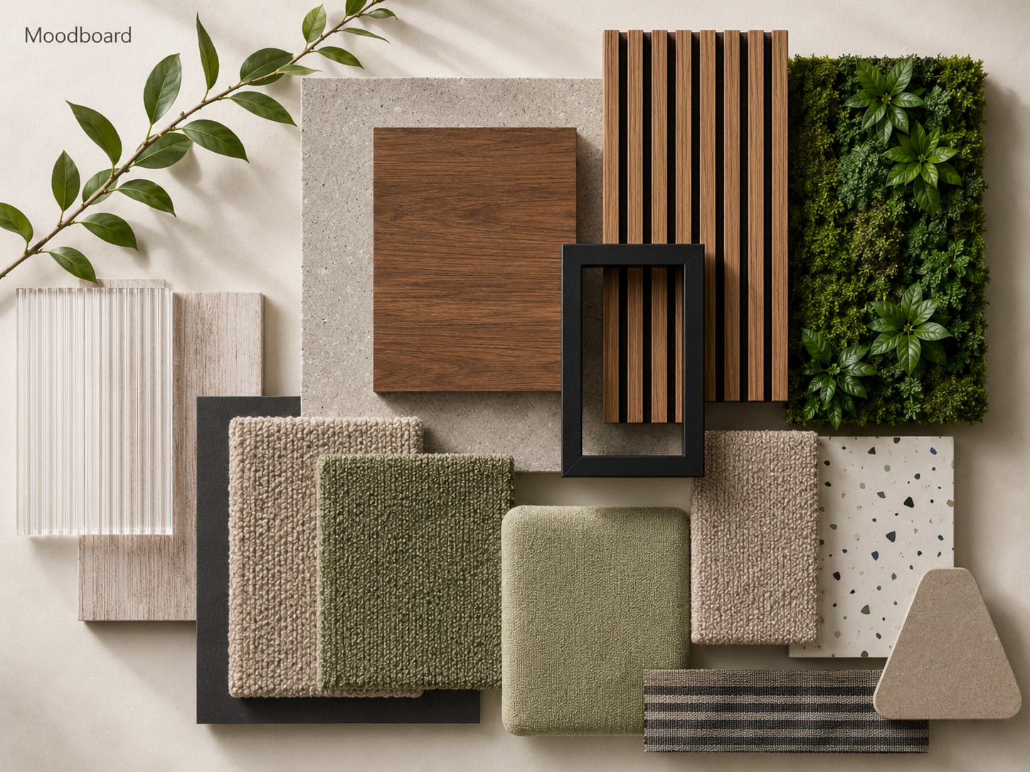 Moodboard ufficio con palette colori, materiali, texture e finiture