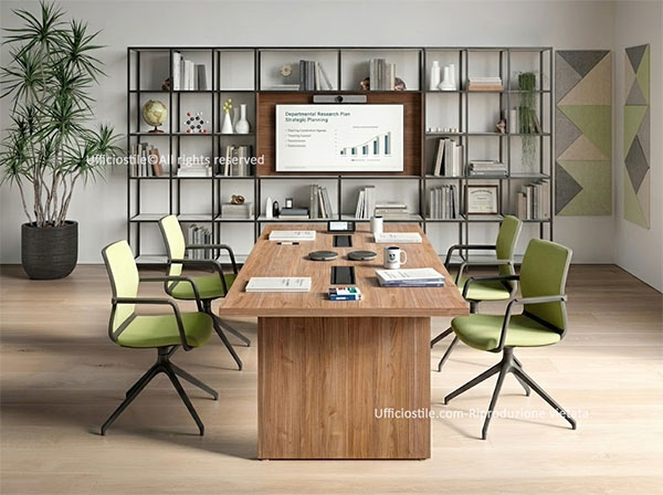 Sala riunioni dipartimentale con tavolo modulare, sedute ergonomiche e tecnologia AV integrata