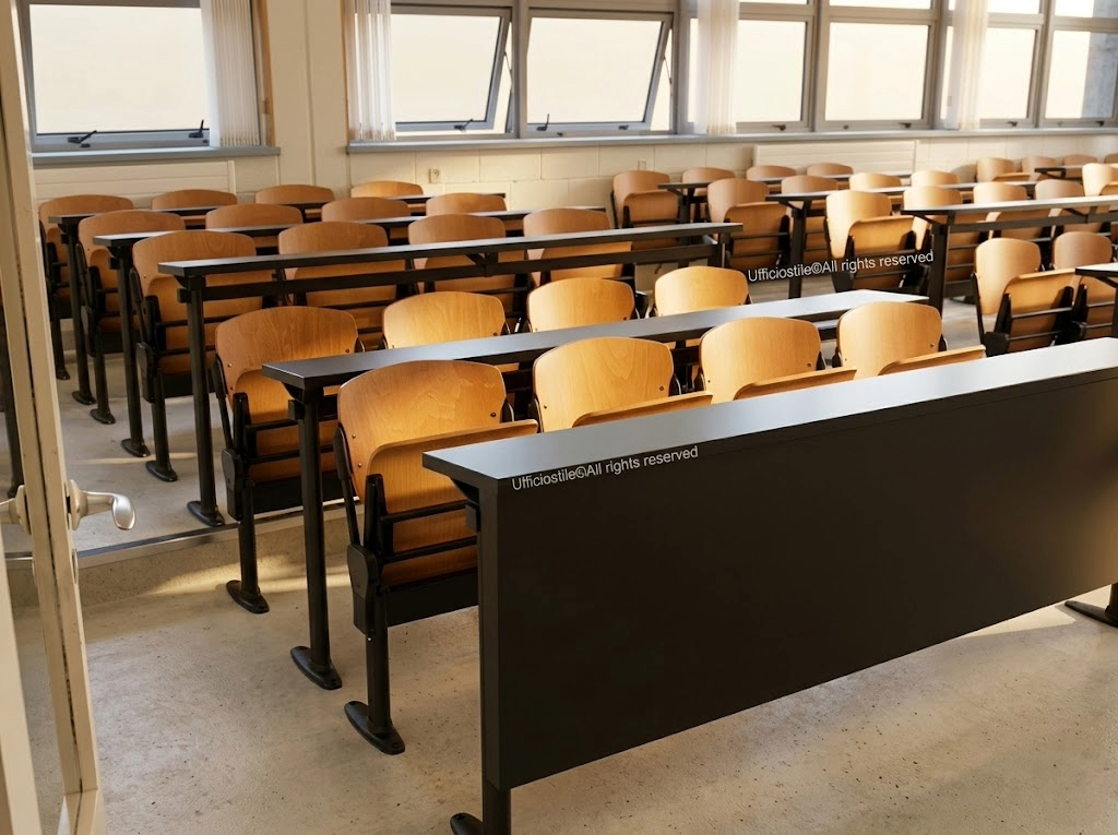 Sedute universitarie con ribaltina e sedute monoscocca in una grande aula didattica