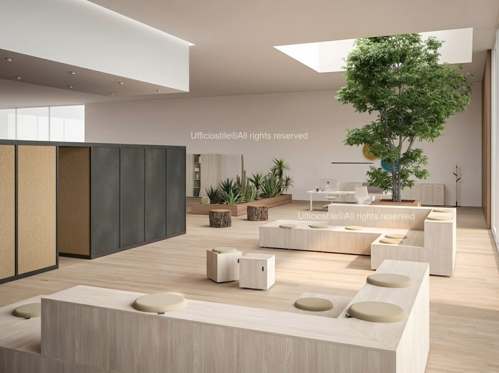 Lecture hall universitaria a gradinata con sedute fisse, corrimano e proiezione 4K