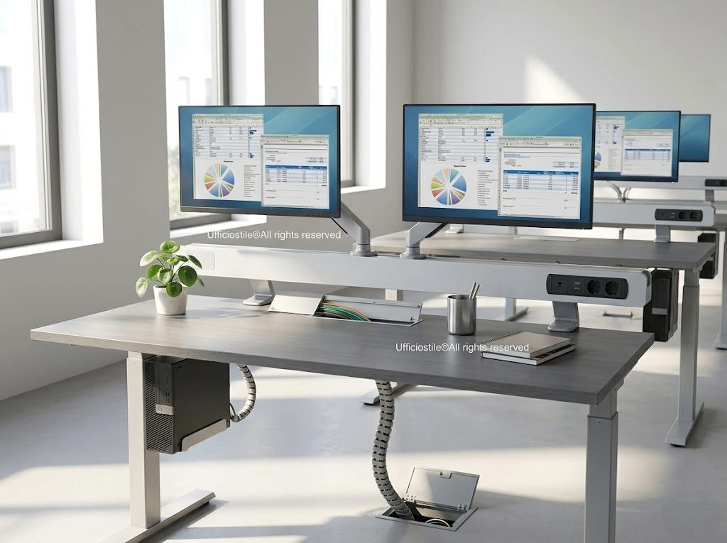 Fila di tavoli per PC con cablaggio integrato e alloggiamento CPU in aula informatica