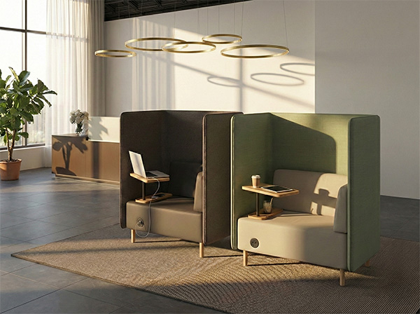 Layout di sedute attesa con isole lounge e percorsi leggibili