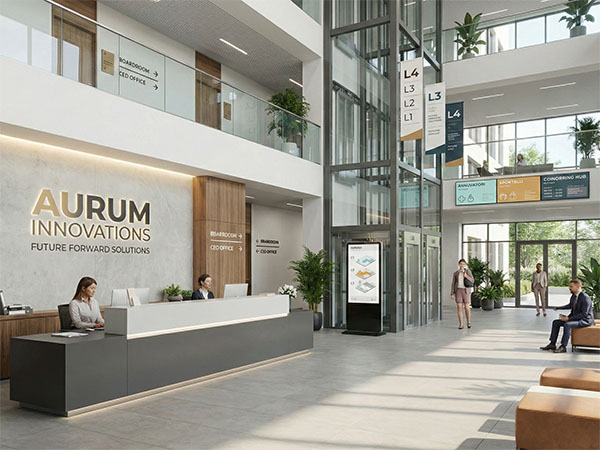 Configurazioni tipiche di segnaletica in reception e corridoi aziendali