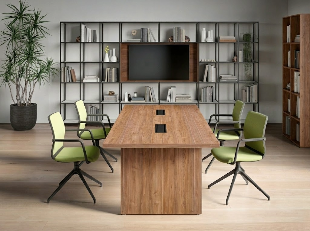Sala ibrida con monitor condiviso, microfono omnidirezionale e sistema di videoconferenza attivo