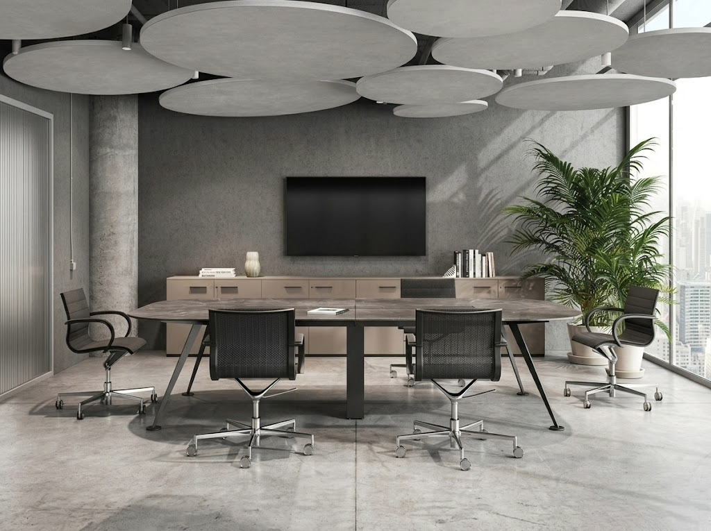 Tecnologia integrata in pareti e tavoli con design minimale
