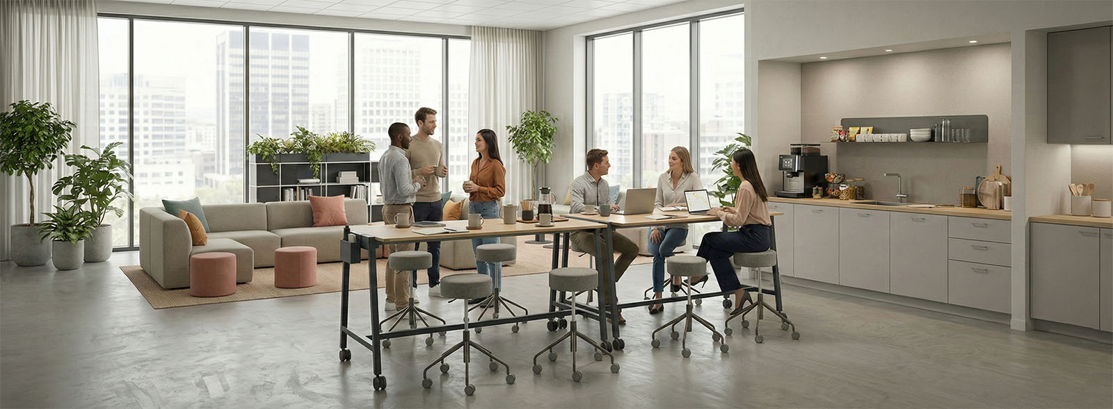 Tavoli alti modulari con prese integrate in area coworking