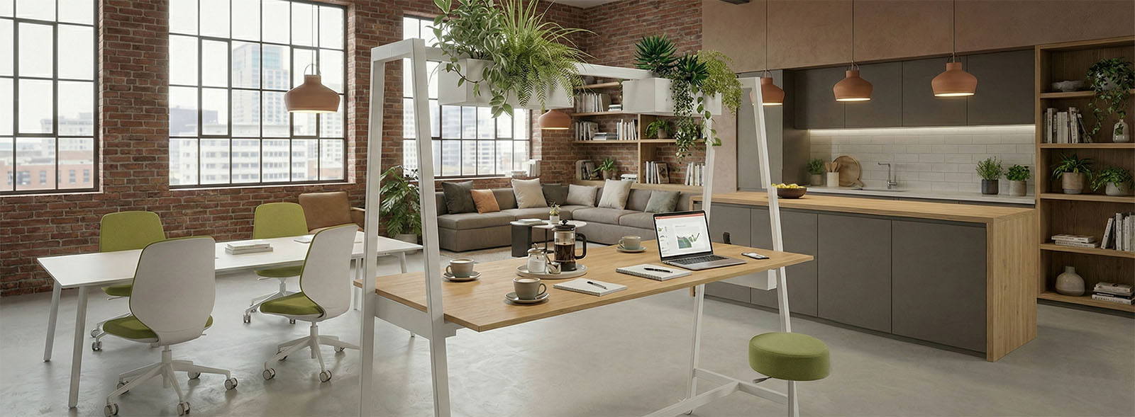 Tavoli alti modulari con prese integrate in area coworking