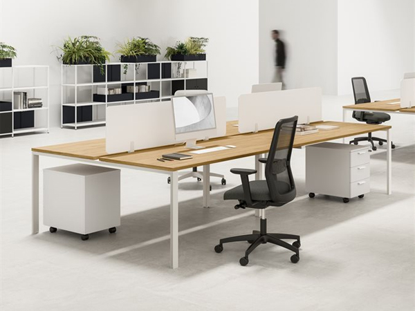 Tavoli condivisi con sedute ergonomiche e materiali fonoassorbenti