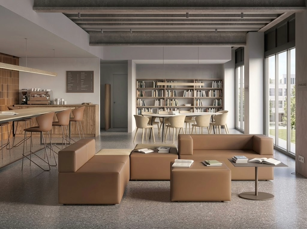 Divani bassi e pouf colorati per studio informale e micro-socializzazione in area comune