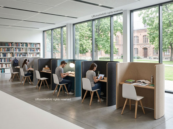 Tavoli studio individuali allineati con cablaggio integrato in sala lettura universitaria