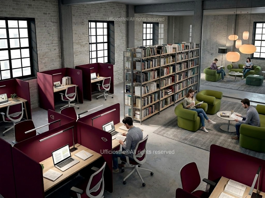 Zona comfort study con sedute lounge, tavolini e divisori acustici