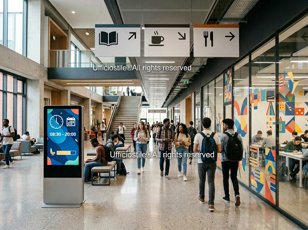 Configurazioni di wayfinding in atri, corridoi e snodi tra edifici universitari