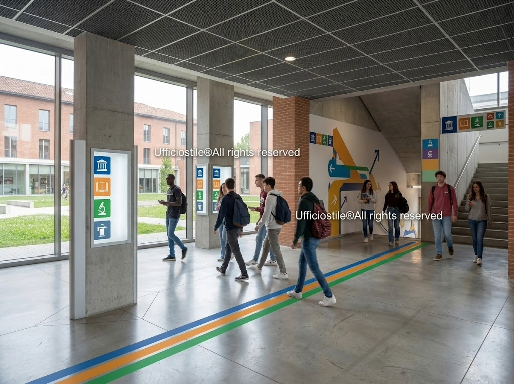Segnaletica coordinata con colori e icone per orientare gli studenti nel campus